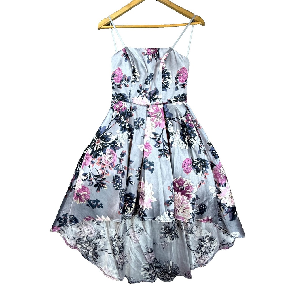 B. Darlin‎ Fit & Flare Dress Women 7/8 Gray Floral Lined High Low Romantic HOCO
